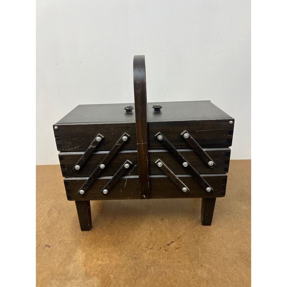 Vintage Singer Wood Sewing Box Caddy Fold Out Accordion 3 Tier Mid Century Brown